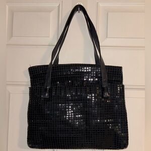 Vintage Lumured Black Tile Mesh Tote Bag with Leather Straps Lot of Pockets